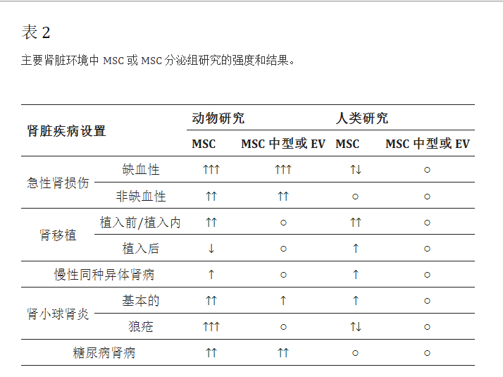 主要腎臟環(huán)境中MSC或MSC分泌組研究的強度和結(jié)果
