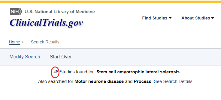 clinicaltrials.gov網站上注冊的有關干細胞治療肌萎縮側索硬化癥的臨床研究項目有46項。