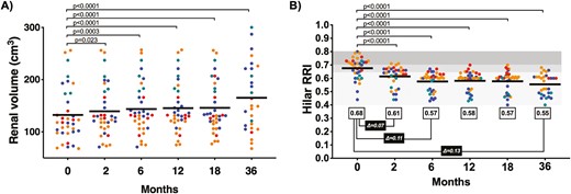 隨時間測量的腎體積和腎動脈阻力指數。