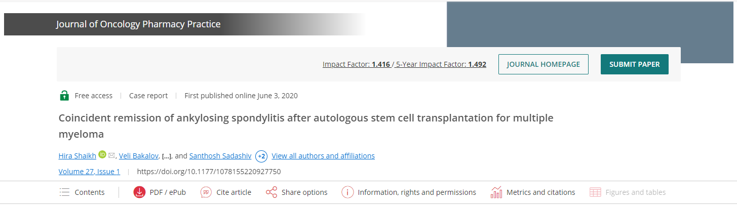 自體干細胞移植治療多發性骨髓瘤后強直性脊柱炎同時緩解 自體干細胞移植治療多發性骨髓瘤后強直性脊柱炎同時緩解