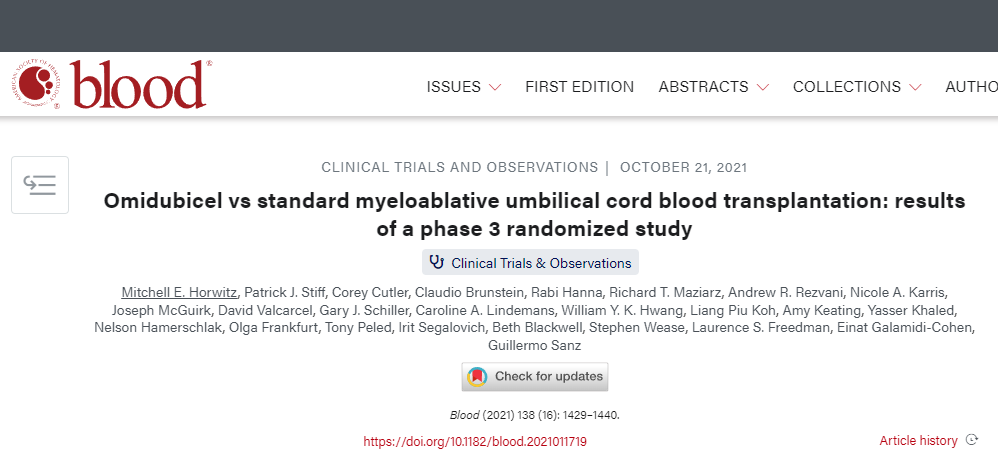 Omidubicel對(duì)比標(biāo)準(zhǔn)清髓性臍帶血移植：一項(xiàng)3期隨機(jī)研究的結(jié)果