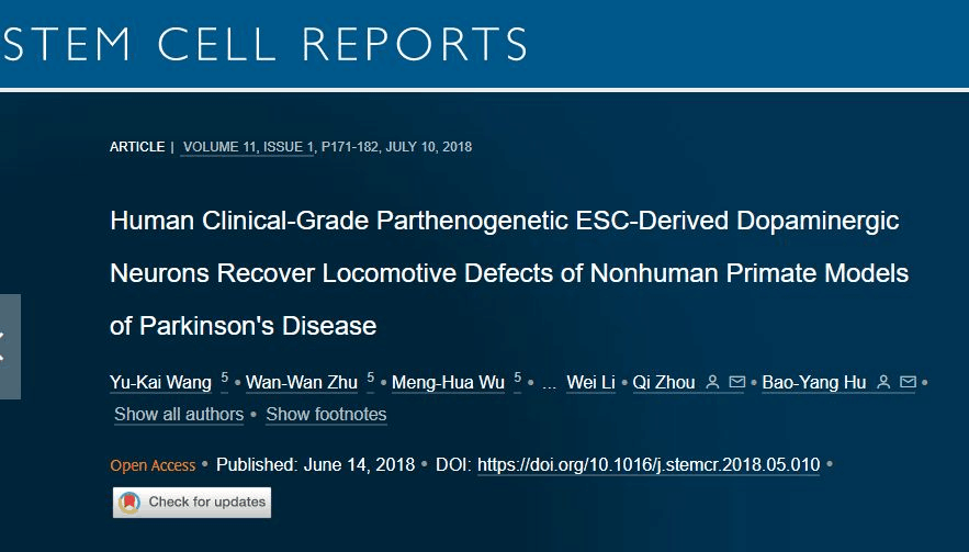 人類臨床級孤雌生殖 ESC 衍生的多巴胺能神經元可恢復非人類靈長類動物帕金森病模型的運動缺陷