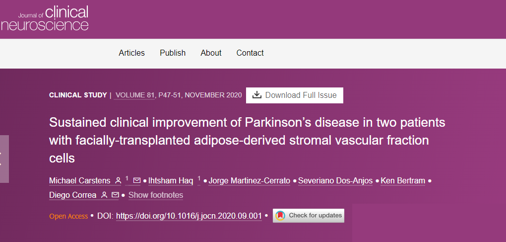 面部移植脂肪來源的基質血管成分細胞后，兩名帕金森病患者病情持續改善