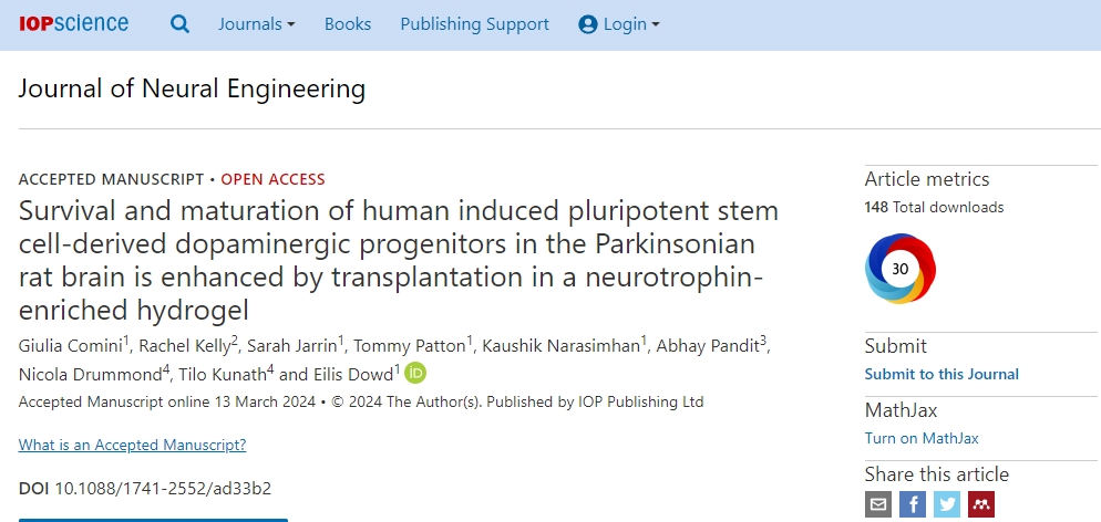 通過(guò)在富含神經(jīng)營(yíng)養(yǎng)素的水凝膠中移植人誘導(dǎo)的多能干細(xì)胞衍生的多巴胺能祖細(xì)胞，可以增強(qiáng)帕金森病大鼠腦中的存活和成熟。