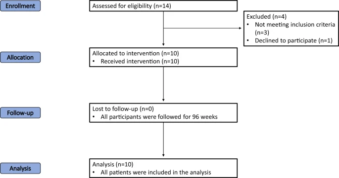 試驗各個階段（入組、分配、隨訪和分析）進展的流程圖。