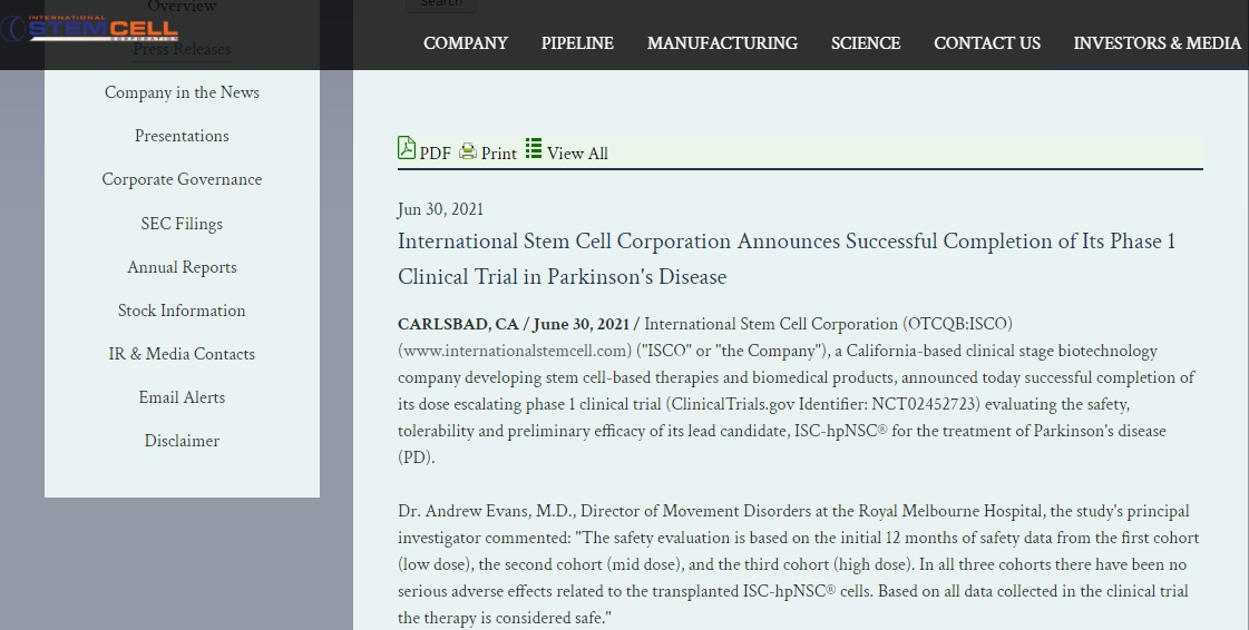 另一種療法ISC-hpNSC正在由加利福尼亞州的國際干細胞公司開發(fā)。