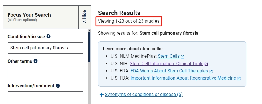 干細胞治療肺纖維化的臨床研究項目有23項。 干細胞治療肺纖維化的臨床研究項目有23項。