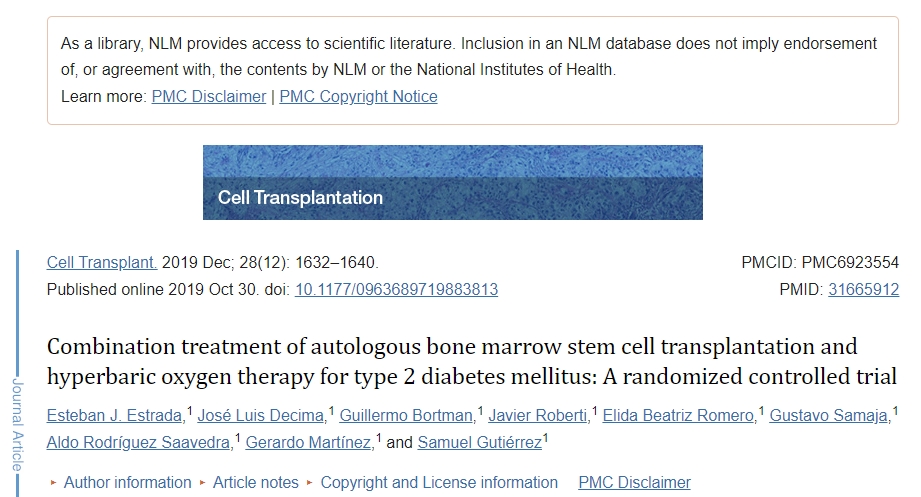 自體骨髓干細胞移植聯合高壓氧治療2型糖尿病:一項隨機對照試驗 自體骨髓干細胞移植聯合高壓氧治療2型糖尿病:一項隨機對照試驗