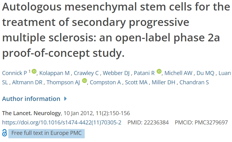 自體間充質干細胞治療繼發性進行性多發性硬化癥:一項開放標簽2a期概念驗證研究 自體間充質干細胞治療繼發性進行性多發性硬化癥:一項開放標簽2a期概念驗證研究