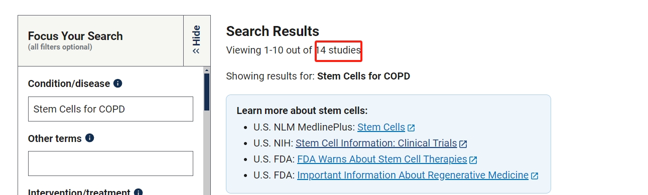 clinicaltrials.gov網(wǎng)站上注冊(cè)的有關(guān)干細(xì)胞治療慢性阻塞性肺病的臨床研究項(xiàng)目有14項(xiàng)。其中已完成的有6項(xiàng)。