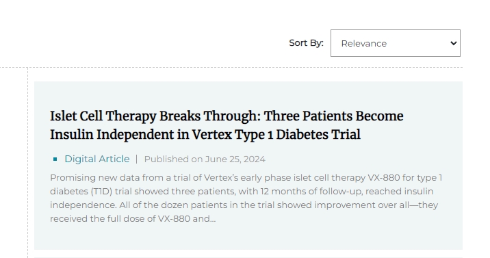 胰島細胞療法取得突破:Vertex 1 型糖尿病試驗中三名患者不再依賴胰島素 胰島細胞療法取得突破:Vertex 1 型糖尿病試驗中三名患者不再依賴胰島素