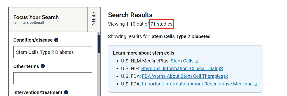 關(guān)干細(xì)胞治療2型糖尿病的臨床研究項(xiàng)目有71項(xiàng)。其中已完成的有39項(xiàng)。