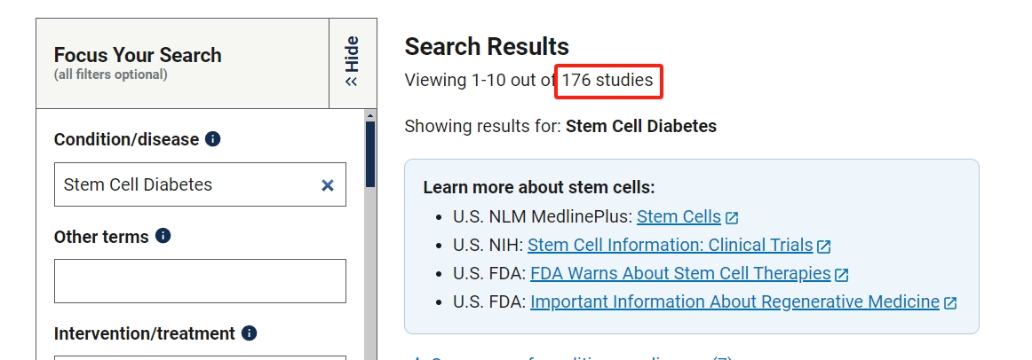 clinicaltrials.gov網站上注冊的有關干細胞治療糖尿病的臨床研究項目有176項。其中已完成的有72項。 clinicaltrials.gov網站上注冊的有關干細胞治療糖尿病的臨床研究項目有176項。其中已完成的有72項。