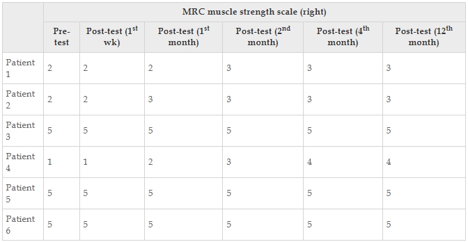 表12：醫學研究委員會肌肉強度量表每個患者的正確值。