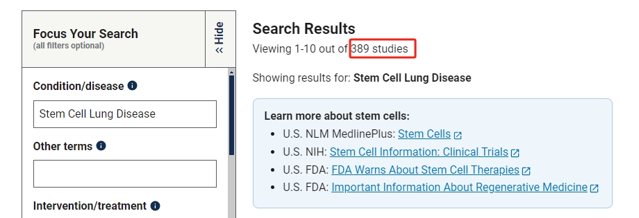 干細胞治療肺部疾病的臨床研究項目有389項。其中已完成的有138項。
