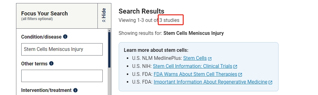 clinicaltrials.gov網站上注冊的有關干細胞治療半月板損傷的臨床研究項目有3項