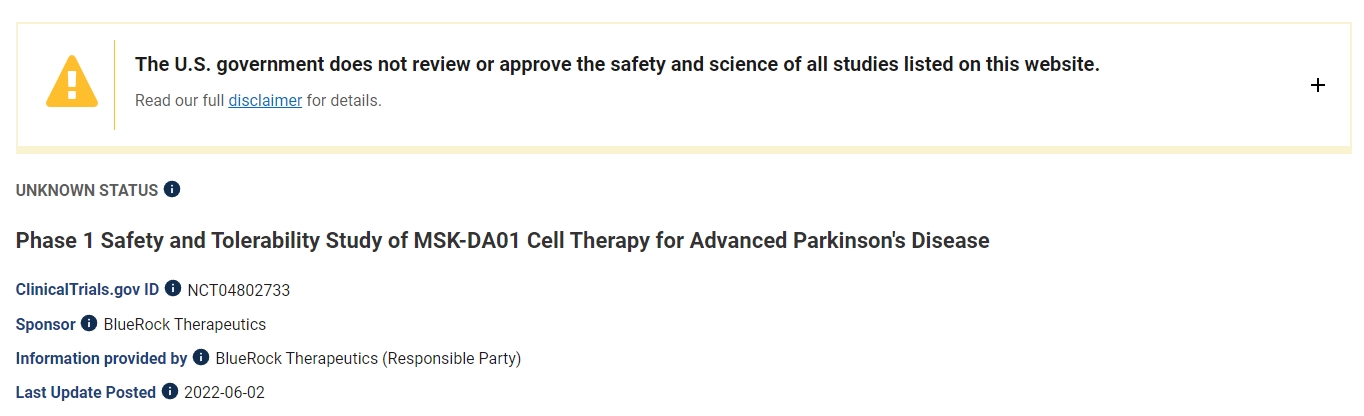 MSK-DA01細胞療法治療晚期帕金森病的1期安全性和耐受性研究 MSK-DA01細胞療法治療晚期帕金森病的1期安全性和耐受性研究