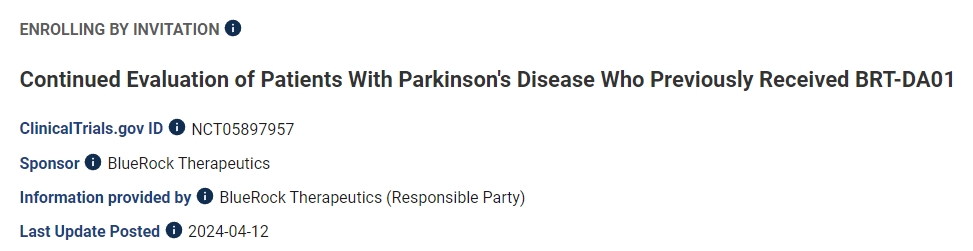 對之前接受過BRT-DA01治療的帕金森病患者進行持續評估 對之前接受過BRT-DA01治療的帕金森病患者進行持續評估