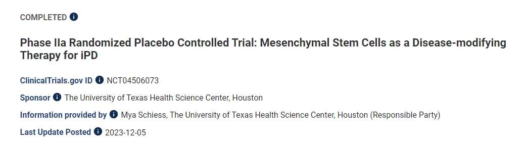 IIa期隨機安慰劑對照試驗:間充質干細胞作為iPD的疾病改良療法 IIa期隨機安慰劑對照試驗:間充質干細胞作為iPD的疾病改良療法