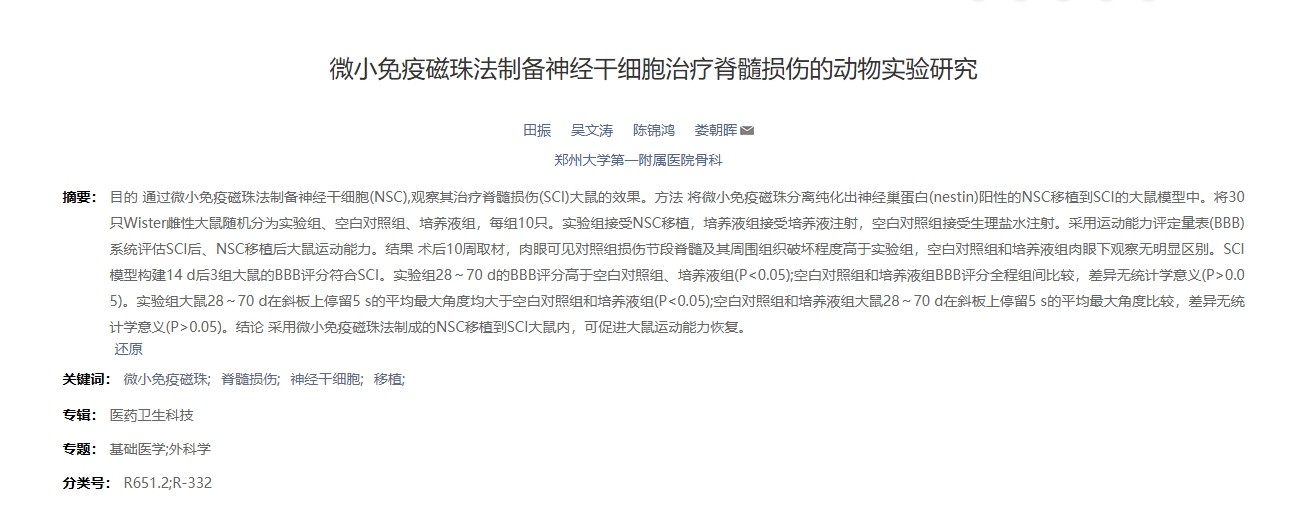 微小免疫磁珠法制備神經(jīng)干細(xì)胞治療脊髓損傷的動物實(shí)驗(yàn)研究 微小免疫磁珠法制備神經(jīng)干細(xì)胞治療脊髓損傷的動物實(shí)驗(yàn)研究