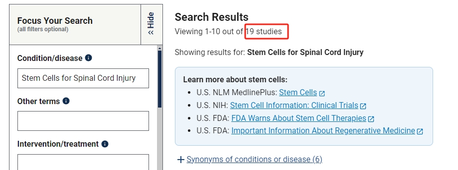 干細(xì)胞治療脊髓損傷臨床研究項(xiàng)目有19項(xiàng)。其中國內(nèi)發(fā)布的占據(jù)2項(xiàng)。 干細(xì)胞治療脊髓損傷臨床研究項(xiàng)目有19項(xiàng)。其中國內(nèi)發(fā)布的占據(jù)2項(xiàng)。