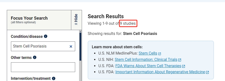 干細(xì)胞治療銀屑病臨床研究項(xiàng)目有9項(xiàng)。其中國內(nèi)發(fā)布的占據(jù)7項(xiàng)。