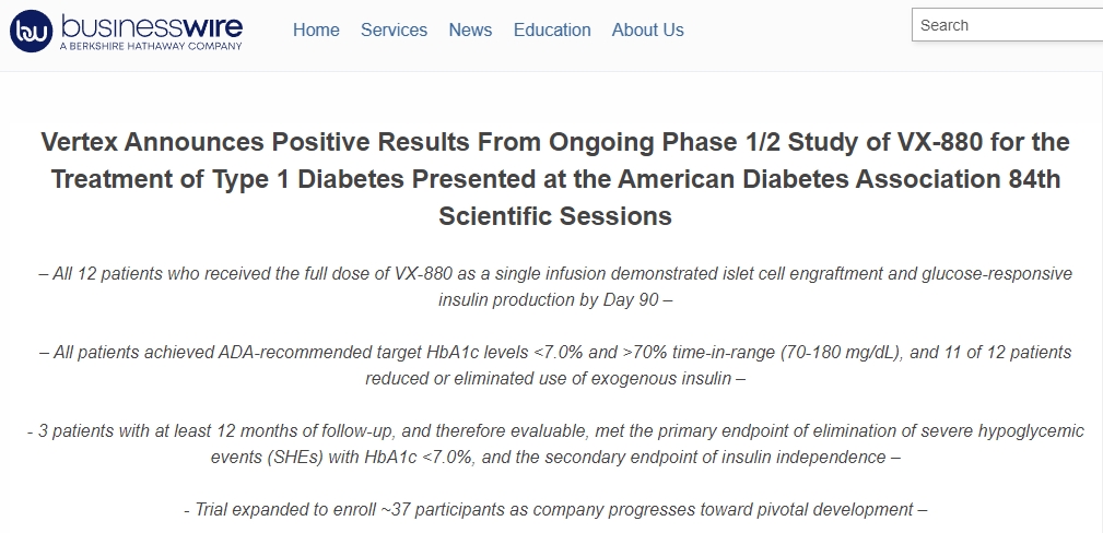 Vertex 宣布正在進行的 VX-880 治療 1 型糖尿病的 1/2 期研究取得了積極成果，并在美國糖尿病協會第 84 屆科學會議上公布