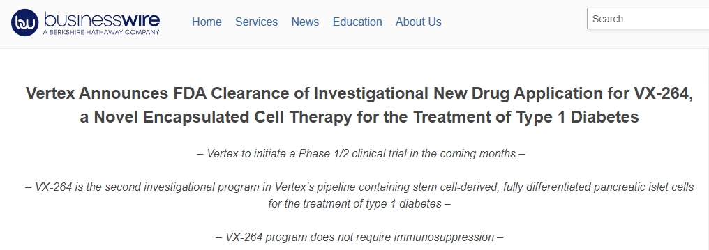 Vertex宣布FDA批準VX-264的新藥臨床試驗申請，VX-264是一種用于治療1型糖尿病的新型封裝細胞療法