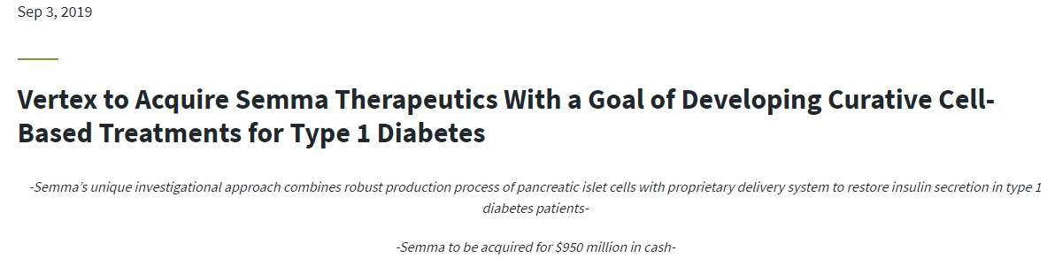 Vertex 收購 semma Therapeutics，旨在開發(fā) 1 型糖尿病的細胞療法