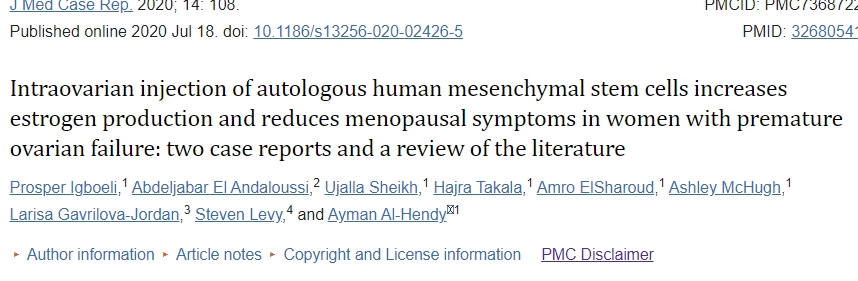 卵巢內注射自體人類間充質干細胞可增加卵巢早衰女性的雌激素產生并減少更年期癥狀 卵巢內注射自體人類間充質干細胞可增加卵巢早衰女性的雌激素產生并減少更年期癥狀