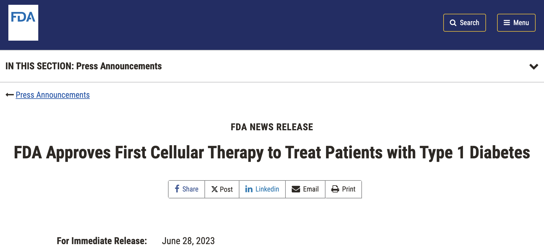 FDA 批準首個用于治療 1 型糖尿病患者的細胞療法 FDA 批準首個用于治療 1 型糖尿病患者的細胞療法