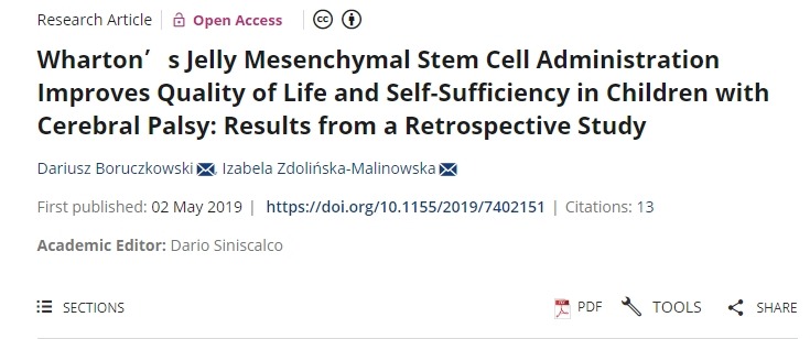 沃頓果凍間充質(zhì)干細胞治療可改善腦癱兒童的生活質(zhì)量和自給自足能力:一項回顧性研究的結(jié)果 沃頓果凍間充質(zhì)干細胞治療可改善腦癱兒童的生活質(zhì)量和自給自足能力:一項回顧性研究的結(jié)果