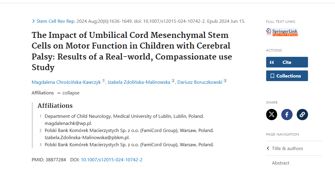 《臍帶間充質干細胞對腦癱兒童運動功能的影響:真實世界、同情使用研究的結果》 《臍帶間充質干細胞對腦癱兒童運動功能的影響:真實世界、同情使用研究的結果》