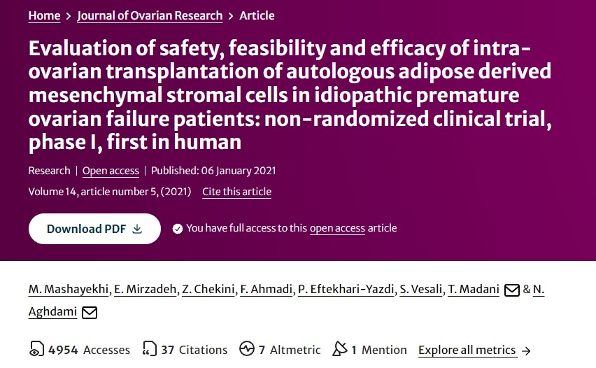 評估自體脂肪來源的間充質(zhì)基質(zhì)細(xì)胞卵巢內(nèi)移植治療特發(fā)性卵巢早衰患者的安全性、可行性和有效性的I期非隨機(jī)臨床試驗。