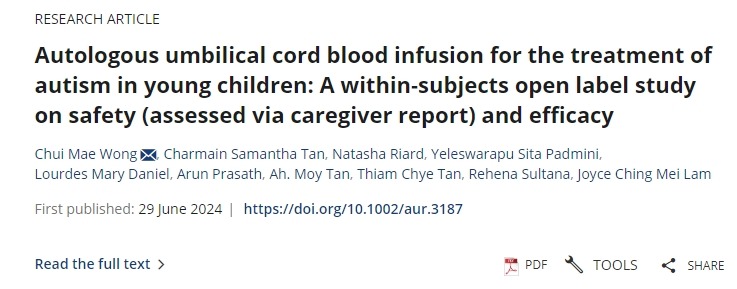 自體臍帶血輸注治療幼兒自閉癥:一項關于安全性(通過護理人員報告評估)和有效性的受試者內開放標簽研究 自體臍帶血輸注治療幼兒自閉癥:一項關于安全性(通過護理人員報告評估)和有效性的受試者內開放標簽研究