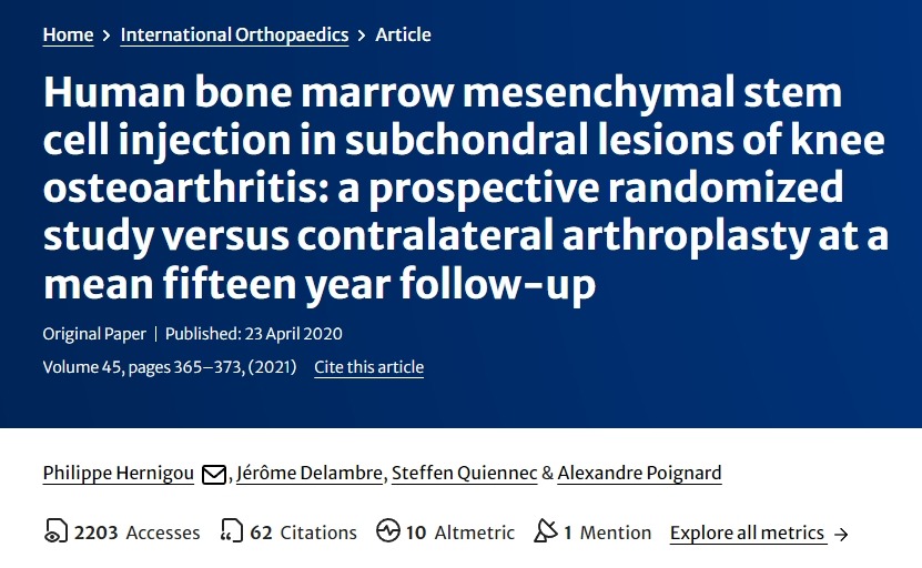 人類(lèi)骨髓間充質(zhì)干細(xì)胞注射治療膝骨關(guān)節(jié)炎軟骨下?lián)p傷:一項(xiàng)前瞻性隨機(jī)研究,對(duì)比平均15年隨訪的對(duì)側(cè)關(guān)節(jié)置換術(shù) 人類(lèi)骨髓間充質(zhì)干細(xì)胞注射治療膝骨關(guān)節(jié)炎軟骨下?lián)p傷:一項(xiàng)前瞻性隨機(jī)研究,對(duì)比平均15年隨訪的對(duì)側(cè)關(guān)節(jié)置換術(shù)