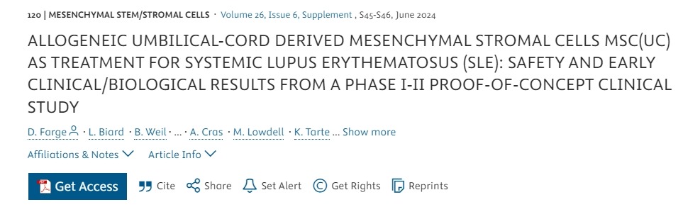 同種異體臍帶間充質基質細胞 MSC(UC) 治療系統性紅斑狼瘡 (SLE)：I-II 期概念驗證臨床研究的安全性和早期臨床/生物學結果