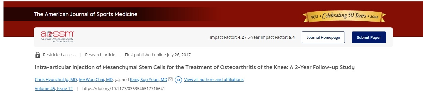 美國運動雜志：關(guān)節(jié)內(nèi)注射間充質(zhì)干細(xì)胞治療膝關(guān)節(jié)骨關(guān)節(jié)炎：為期2年的隨訪研究