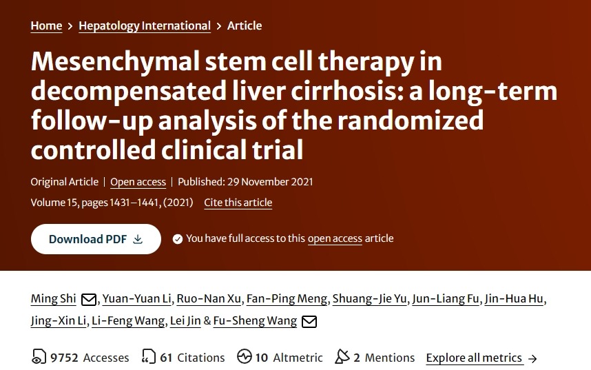 間充質干細胞治療失代償性肝硬化:隨機對照臨床試驗的長期隨訪分析 間充質干細胞治療失代償性肝硬化:隨機對照臨床試驗的長期隨訪分析