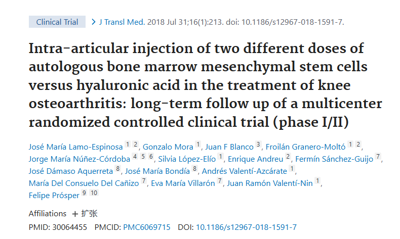 關節腔內注射兩種不同劑量自體骨髓間充質干細胞與透明質酸治療膝關節骨關節炎：多中心隨機對照臨床試驗的長期隨訪（I/II期）