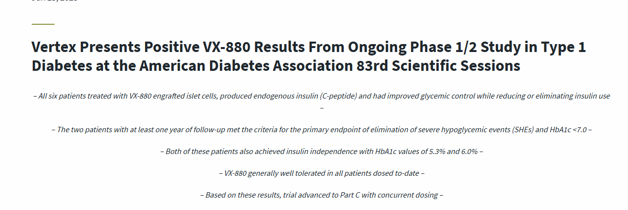 Vertex 在美國糖尿病協會第 83 屆科學會議上公布了正在進行的 1/2 期1型糖尿病 VX-880 研究的積極結果。 Vertex 在美國糖尿病協會第 83 屆科學會議上公布了正在進行的 1/2 期1型糖尿病 VX-880 研究的積極結果。