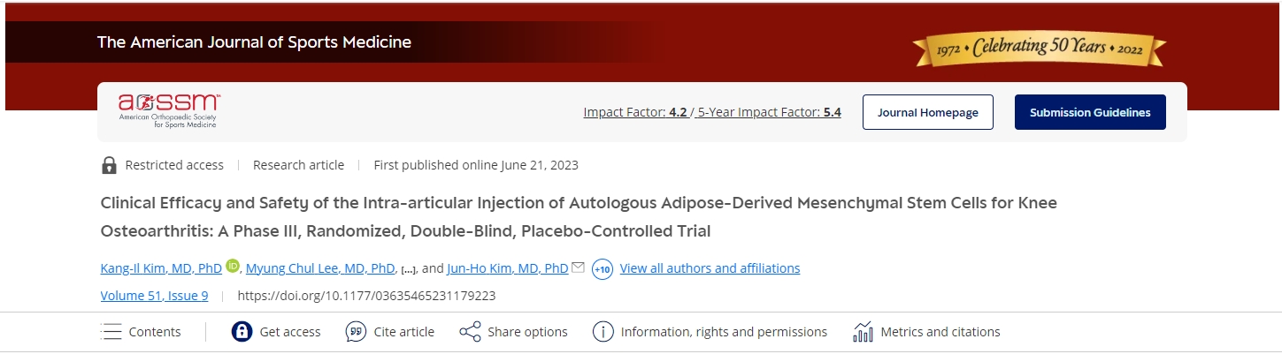 關節(jié)內注射自體脂肪間充質干細胞治療膝關節(jié)骨關節(jié)炎的臨床療效和安全性：一項III期、隨機、雙盲、安慰劑對照試驗