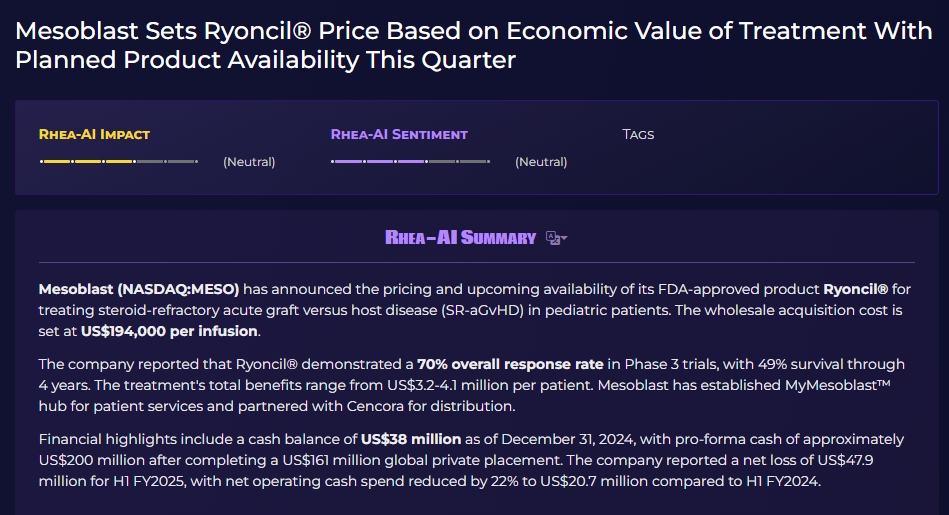 Mesoblast根據(jù)治療的經(jīng)濟價值確定Ryoncil?價格，預(yù)計本季度產(chǎn)品上市