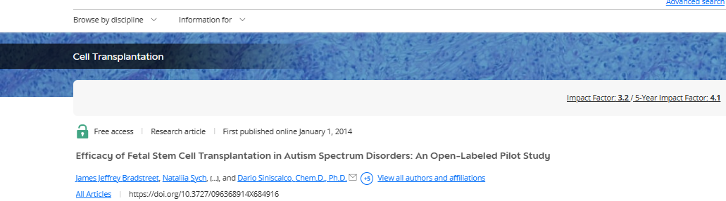 胎兒干細(xì)胞移植對(duì)自閉癥譜系障礙的療效:一項(xiàng)開放標(biāo)簽試點(diǎn)研究 胎兒干細(xì)胞移植對(duì)自閉癥譜系障礙的療效:一項(xiàng)開放標(biāo)簽試點(diǎn)研究