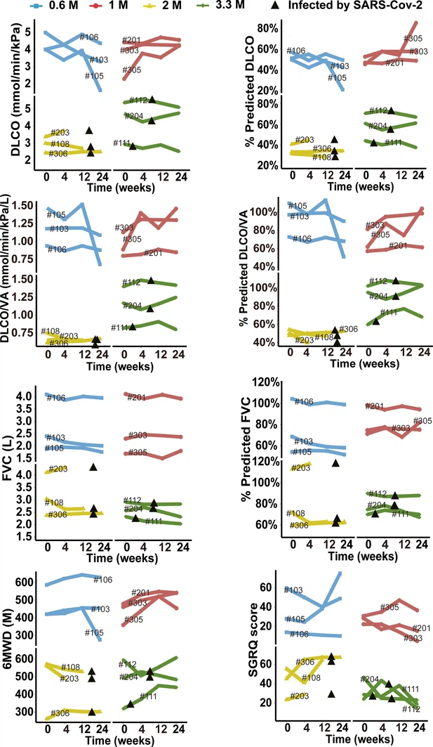 圖3-圖補充1：細胞治療后不同時間點預測DLCO%、DLCO、預測DLCO/VA%、DLCO/VA、預測FVC%、FVC、6MWD及SGRQ評分的變化。