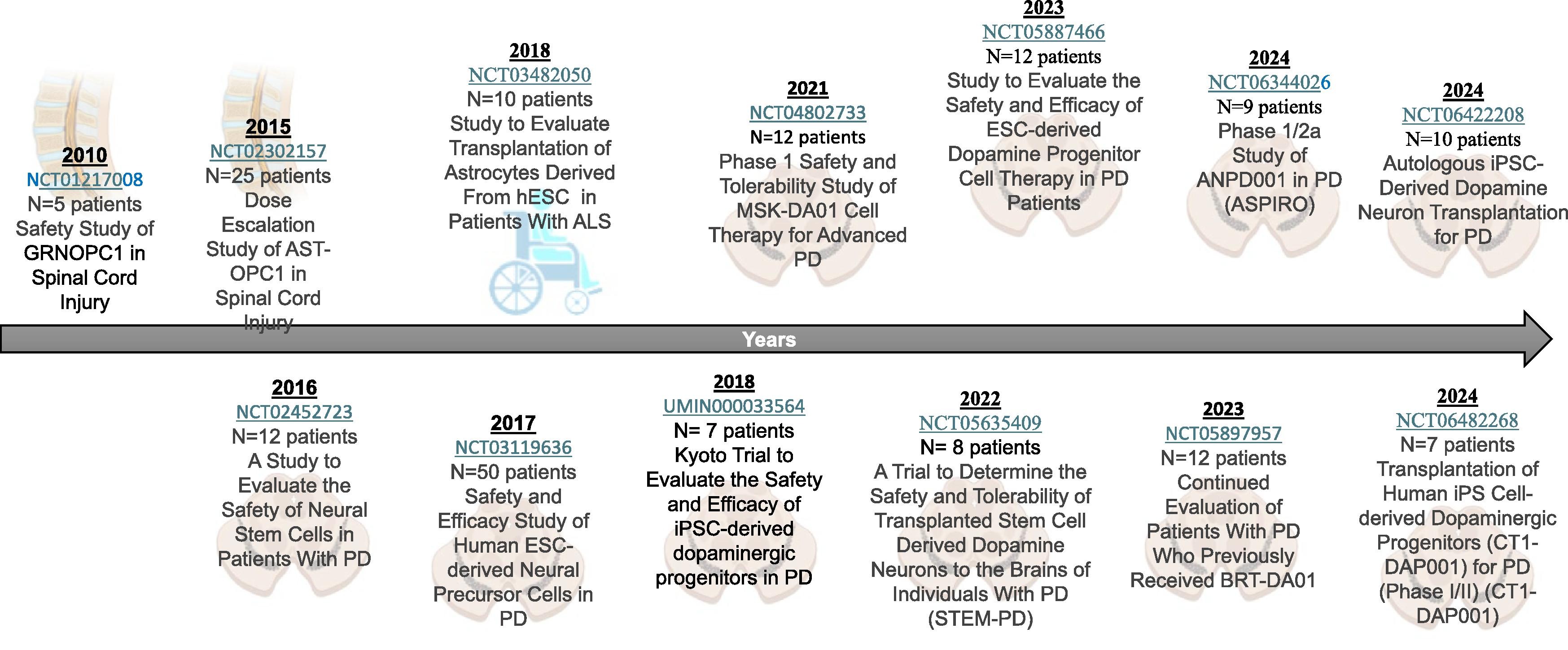 圖1:使用人類多能干細胞衍生的神經細胞在脊髓損傷、帕金森病和肌萎縮側索硬化癥中進行的臨床試驗。