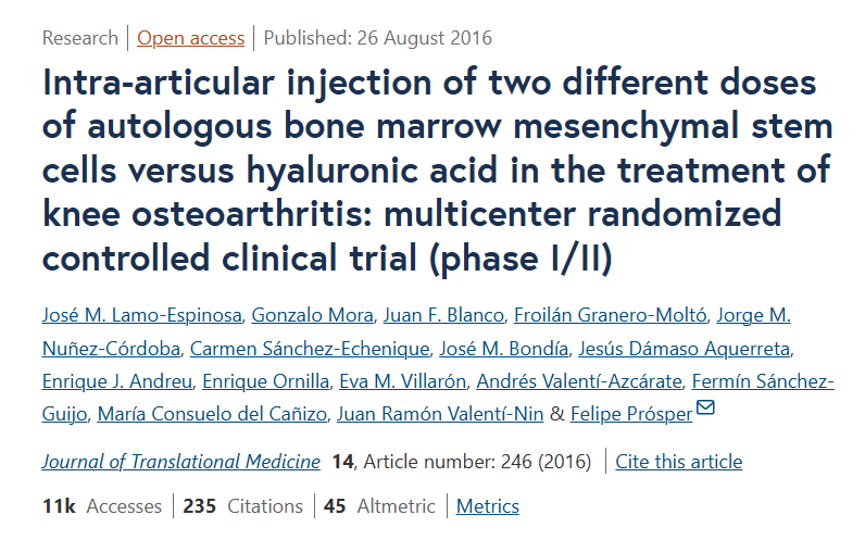 關(guān)節(jié)腔內(nèi)注射兩種不同劑量自體骨髓間充質(zhì)干細(xì)胞與透明質(zhì)酸治療膝骨關(guān)節(jié)炎的多中心隨機(jī)對(duì)照臨床試驗(yàn)（I/II期）