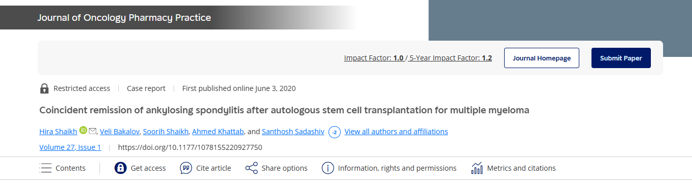 自體干細(xì)胞移植治療多發(fā)性骨髓瘤后強(qiáng)直性脊柱炎同時(shí)緩解
