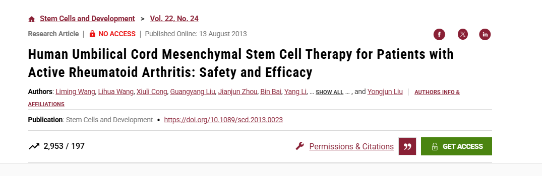 人臍帶間充質(zhì)干細(xì)胞治療活動(dòng)性類風(fēng)濕關(guān)節(jié)炎:安全性和有效性 人臍帶間充質(zhì)干細(xì)胞治療活動(dòng)性類風(fēng)濕關(guān)節(jié)炎:安全性和有效性