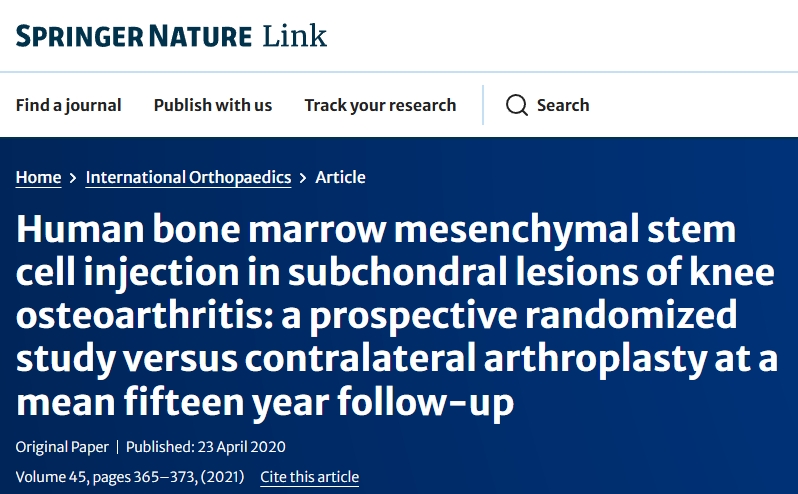 人骨髓間充質干細胞注射治療膝關節(jié)骨性關節(jié)炎軟骨下?lián)p傷:一項前瞻性隨機研究,對比平均十五年隨訪的對側關節(jié)置換術 人骨髓間充質干細胞注射治療膝關節(jié)骨性關節(jié)炎軟骨下?lián)p傷:一項前瞻性隨機研究,對比平均十五年隨訪的對側關節(jié)置換術